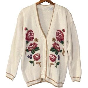 Vtg 90’s Floral Embroidered Cardigan Sweater Oversized S Grandma Cottage Taylor